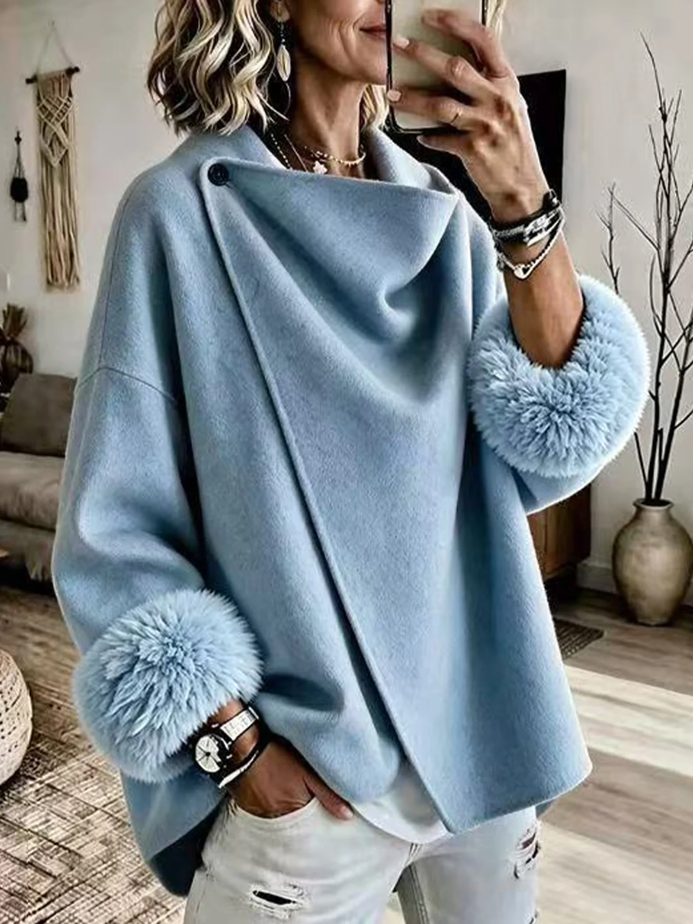 Cozy Asymmetric Button Wool-Blend Wrap Cape Jacket