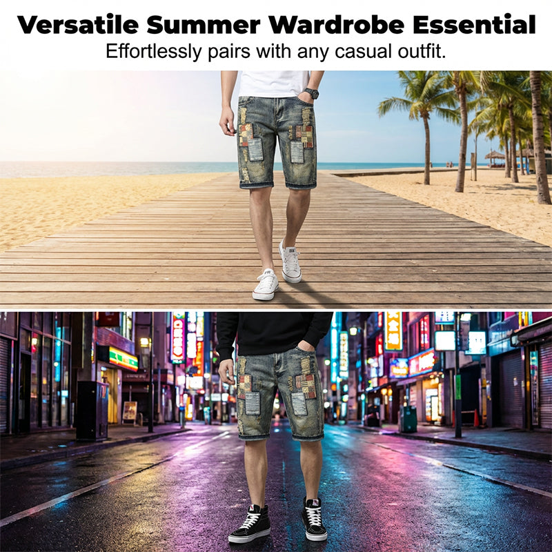 3pcs only 22.98🩳 Men's Ripped Denim Shorts – Distressed, Patched, Retro Wash ✨