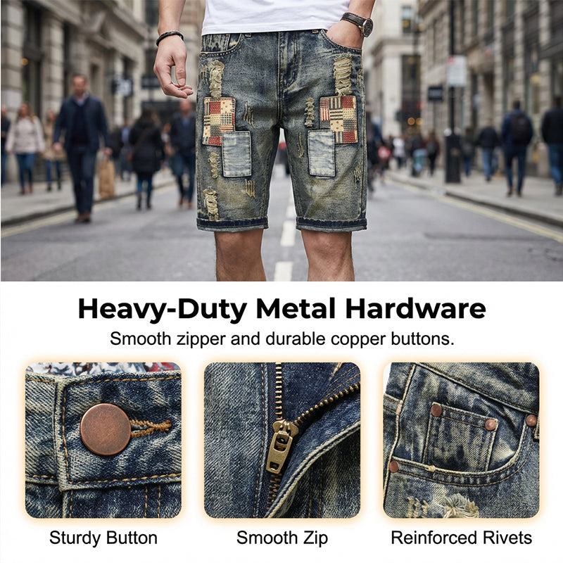 3pcs only 22.98🩳 Men's Ripped Denim Shorts – Distressed, Patched, Retro Wash ✨