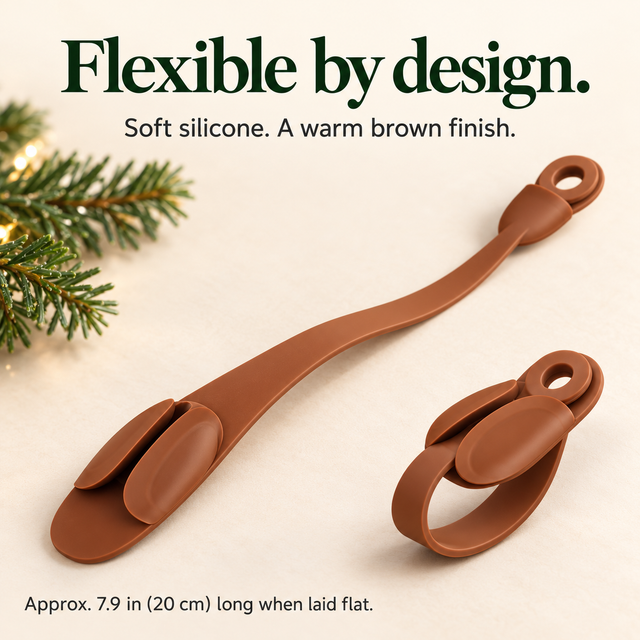 Brown flexible silicone garland holder shown open and fastened