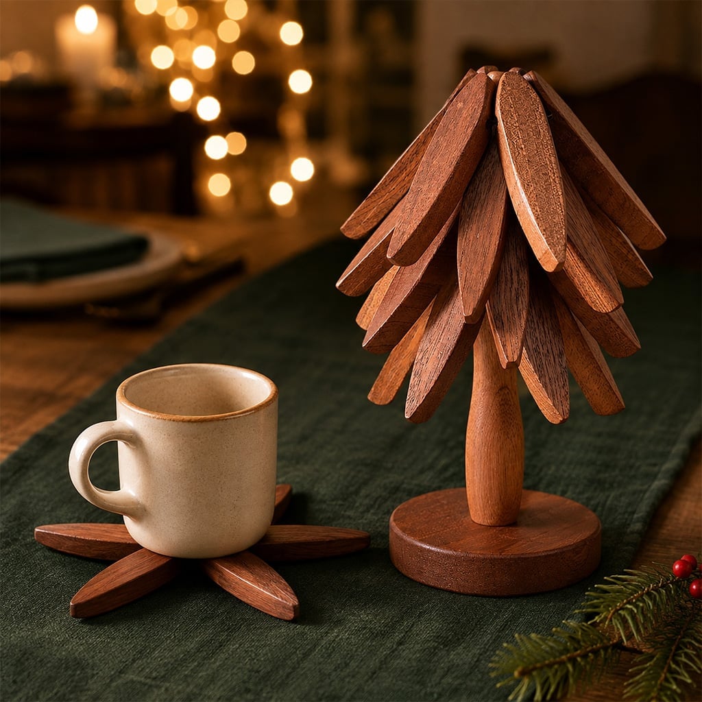 Christmas tree shaped wooden coaster set on holiday table