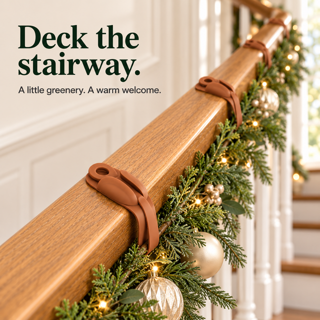 Christmas greenery styled along a wooden staircase with a discreet holder