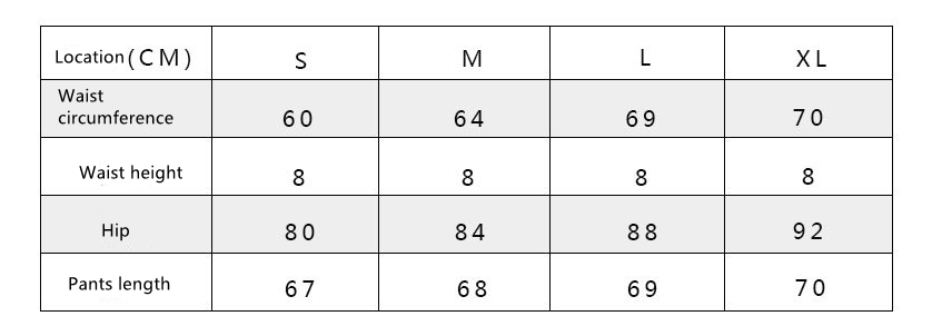 Women's yoga leggings size chart