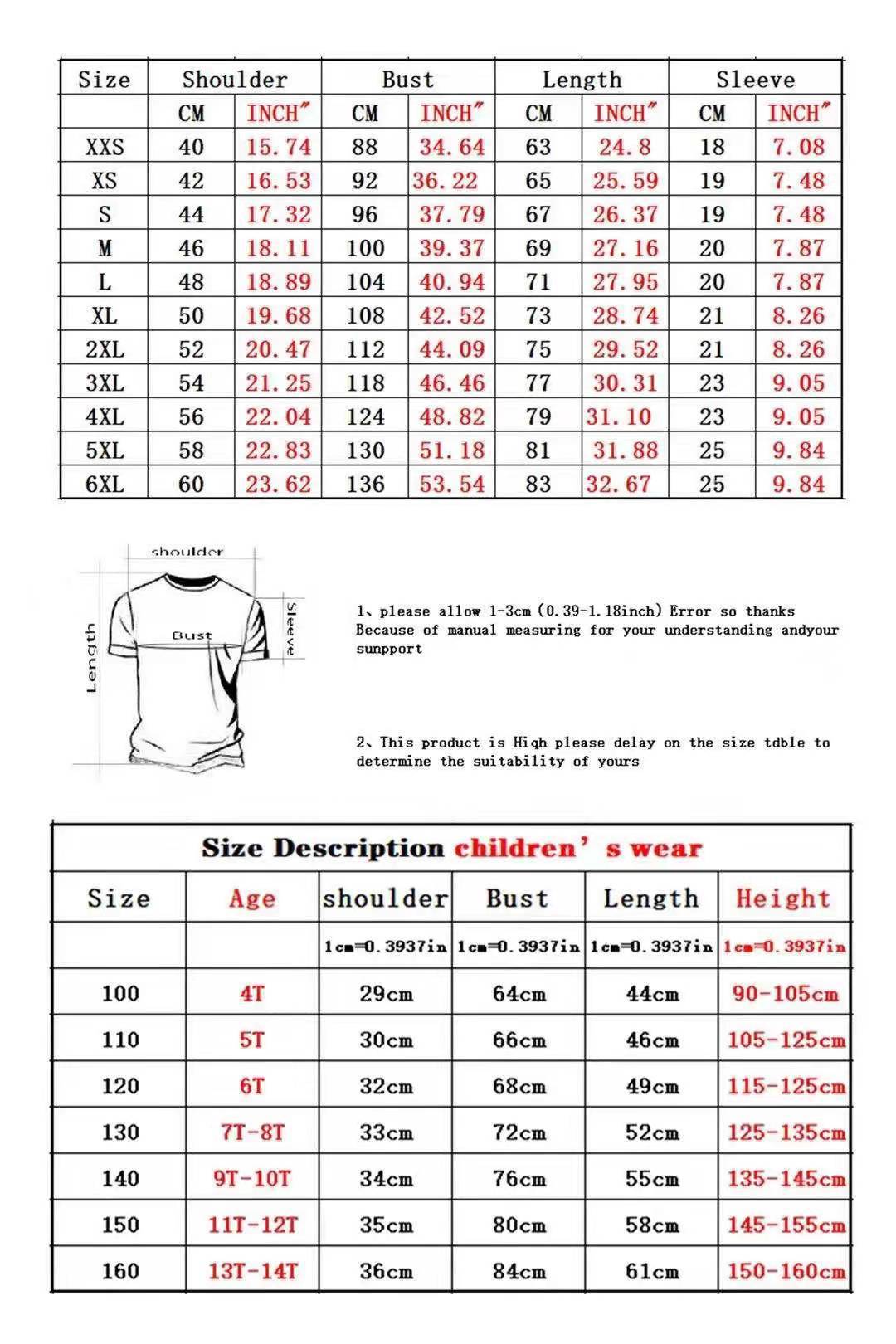 Men's 3D graphic T-shirt size chart