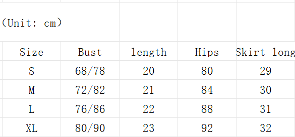 Backless denim tank and skirt set size chart