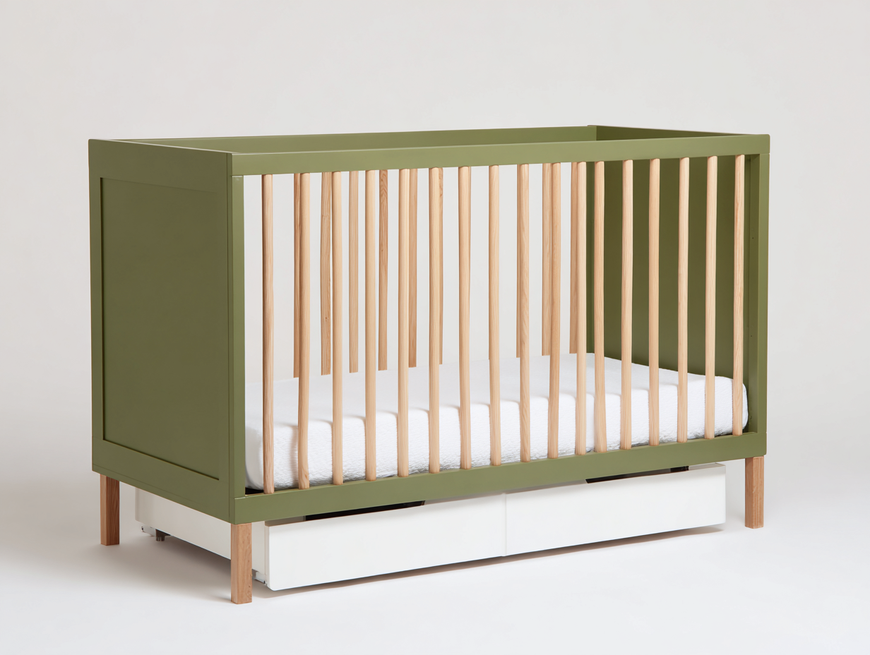 Cuna infantil-madera-140×76×102 cm-Verde oliva/Madera natural-almacenaje inferior para Habitación infantil-Modordadecor