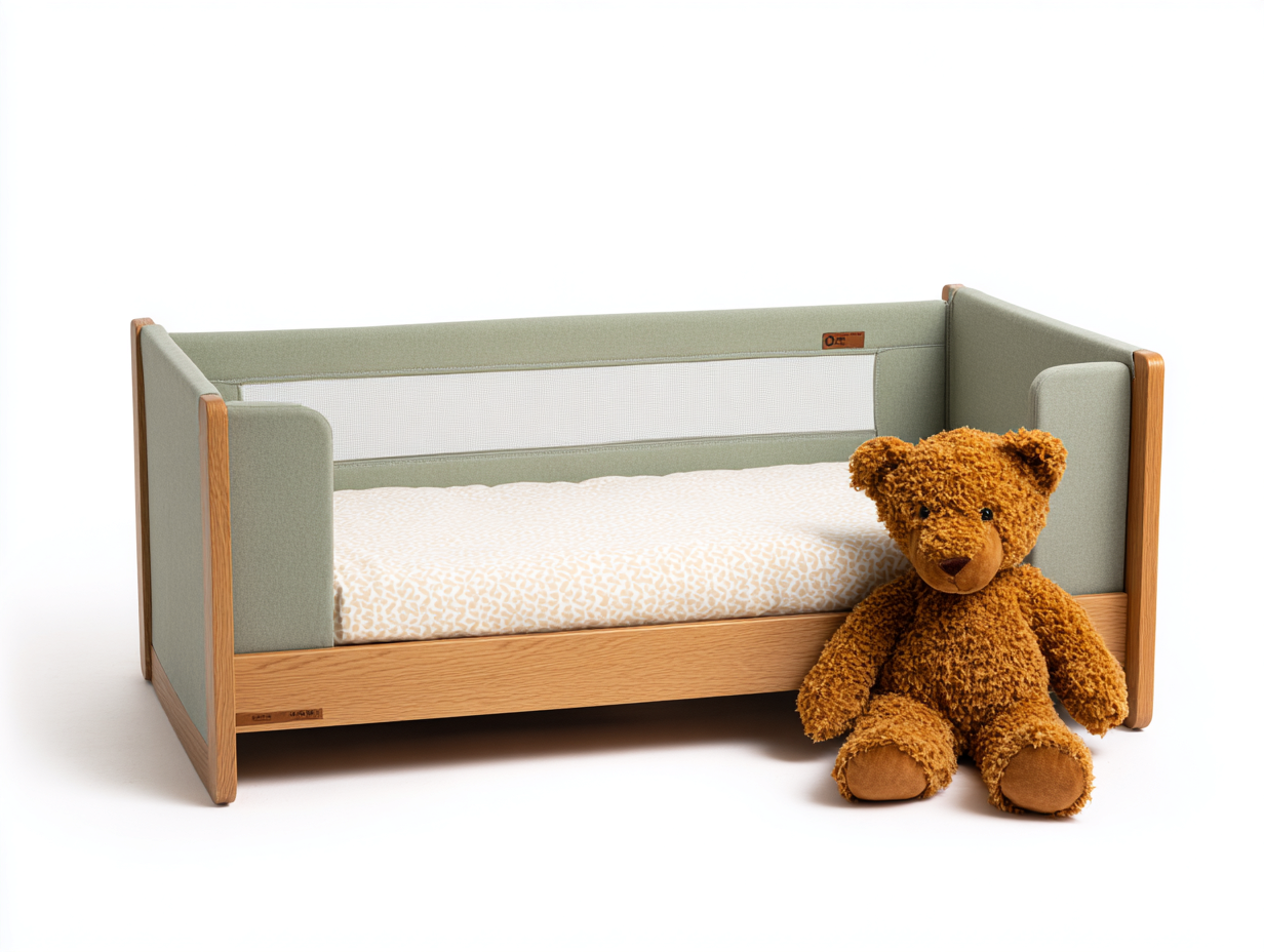 Cama infantil-madera-textil-145×80×78 cm-Verde salvia/Madera natural-paneles acolchados para Habitación infantil-Modordadecor