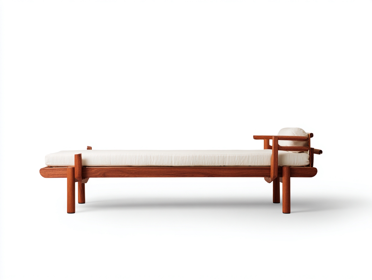 Cama solar-madera-textil-198×80×64 cm-Blanco/Madera rojiza-diseño bajo con apoyos laterales para Terraza-Modordadecor
