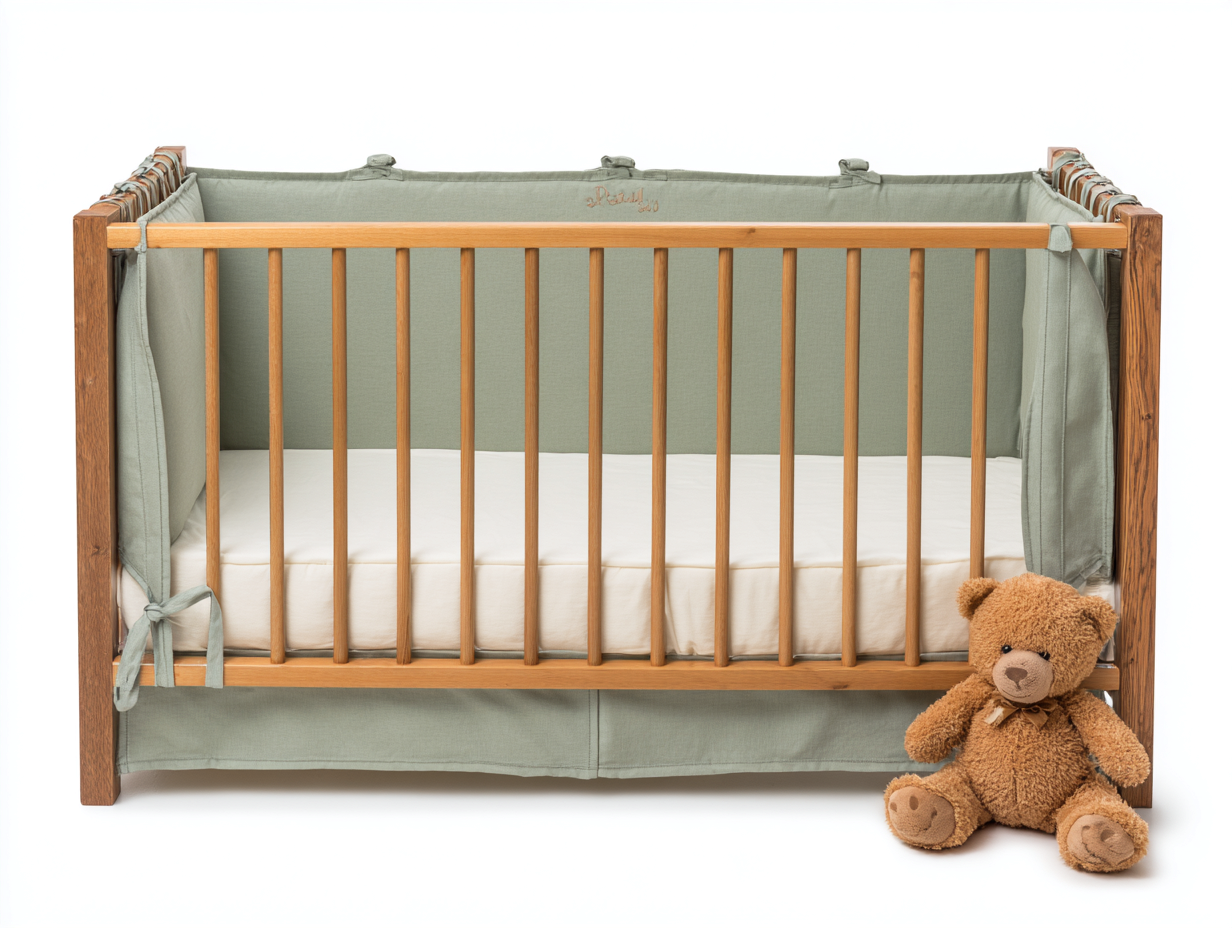 Cuna infantil-madera-textil-140×76×96 cm-Verde salvia/Madera natural-revestimiento interior para Habitación infantil-Modordadecor