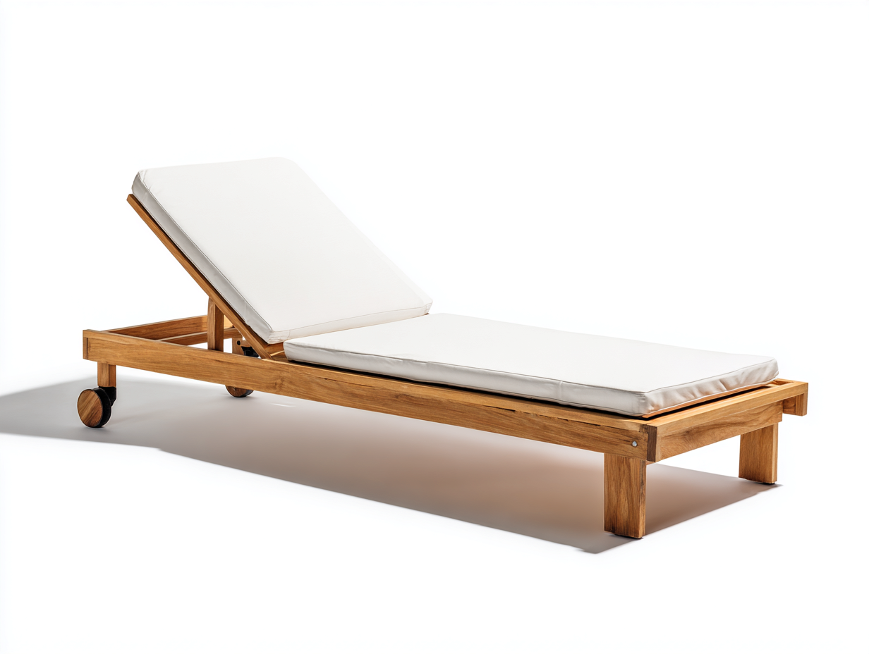 Sillón reclinable-teca-textil-202×72×90 cm-Blanco/Madera natural-ruedas y respaldo ajustable para Terraza-Modordadecor
