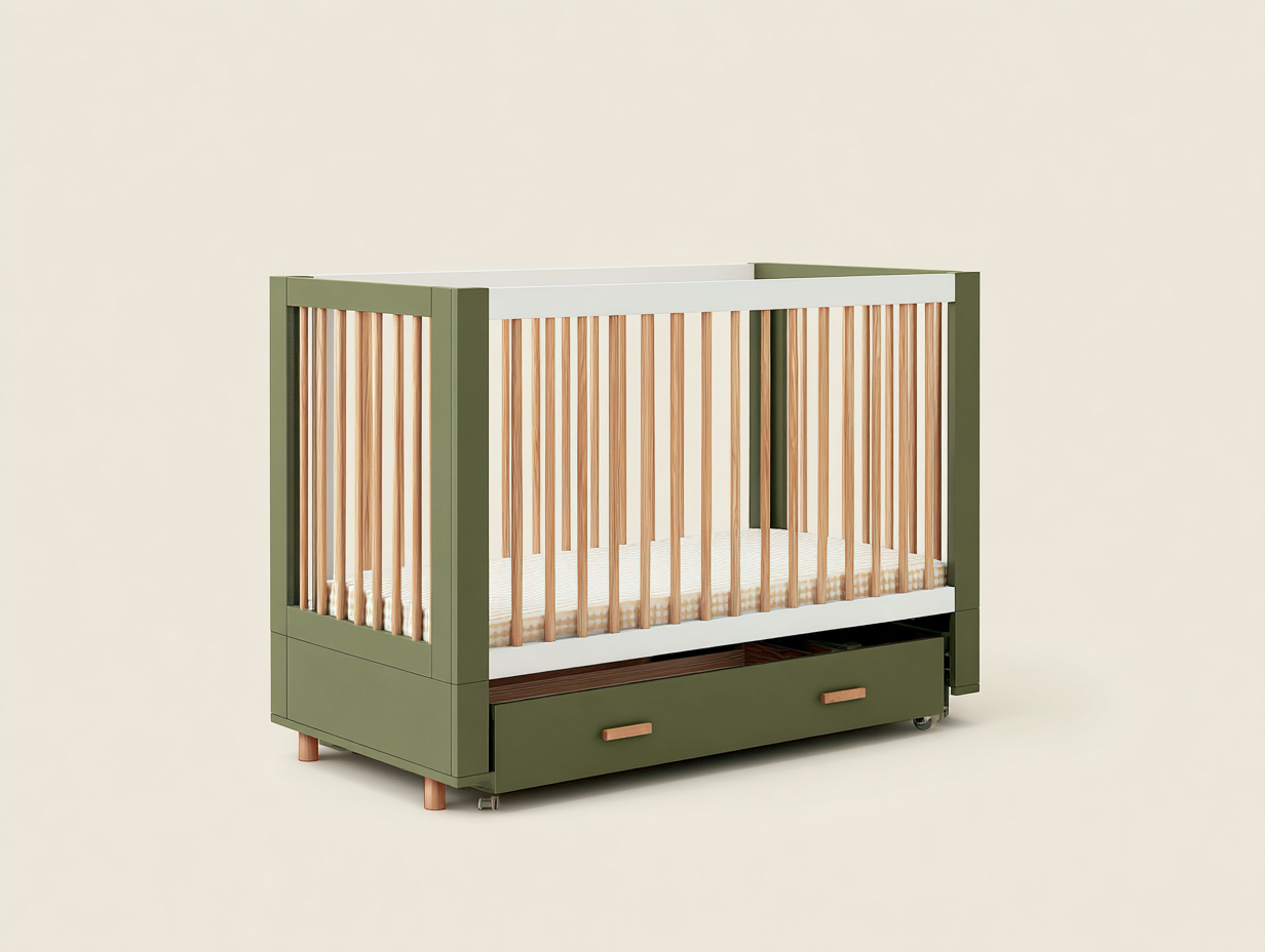 Cuna para habitación infantil-madera-142×77×108 cm-verde oliva/blanco-con almacenaje inferior-Modordadecor