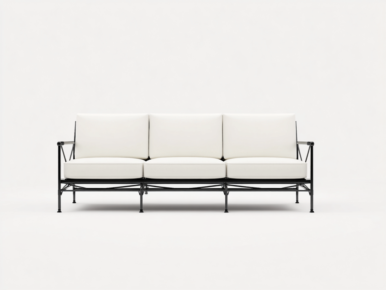 Sofá 3 plazas-metal-textil-188×79×83 cm-Blanco roto/Negro-estructura con tirantes para Salón-Favavidecor