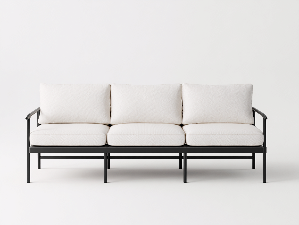 Sofá de metal 218×84×80 cm - blanco roto/negro - para salón con brazos finos y base abierta-Favavidecor