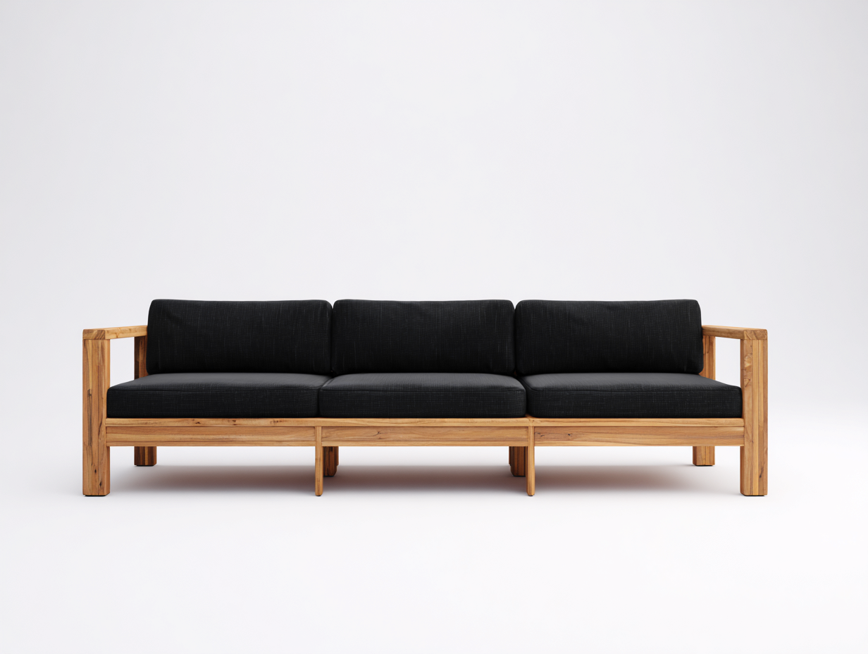 Sofá 3 plazas-madera maciza-textil-210×81×80 cm-Negro/Madera natural-bastidor bajo de estilo minimalista para Salón-Favavidecor