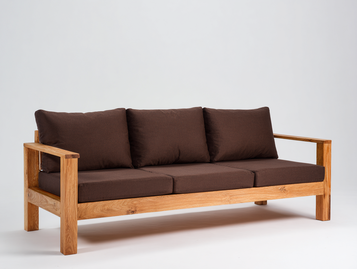Sofá 3 plazas-madera maciza-textil-204×84×83 cm-Marrón oscuro/Madera natural-estructura abierta para Salón-Favavidecor
