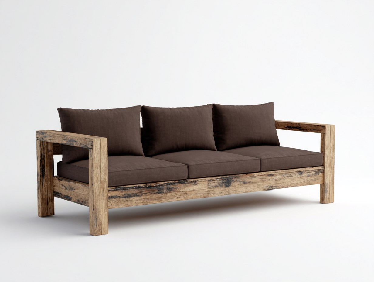 Sofá 3 plazas-madera-textil-202×82×84 cm-Marrón oscuro/Madera envejecida-bastidor rústico para Salón-Favavidecor