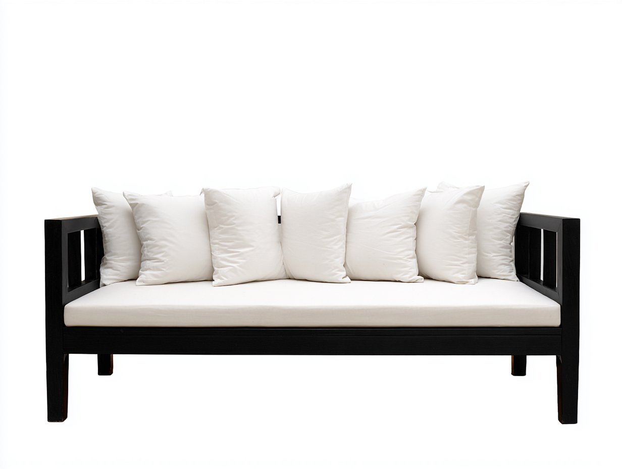Sofá de madera 220×82×78 cm - negro/blanco - para salón con estructura abierta y asiento tapizado-Favavidecor