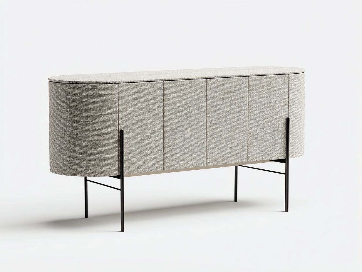 Aparador-tapizado-metal-160×45×82 cm-Beige grisáceo/Negro-frente acolchado curvo para Comedor-Favavidecor