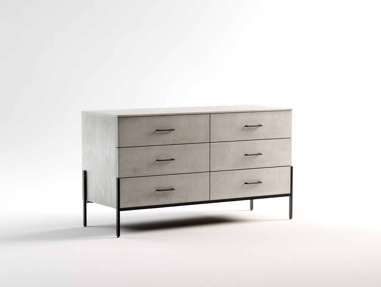 Taquilla de dormitorio tipo cómoda-tablero efecto cemento y metal-120×45×82 cm-Gris claro/Negro-base elevada industrial-Gavoiohaus