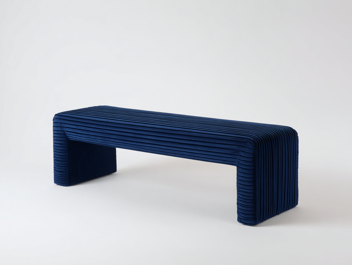Banco tapizado de terciopelo 156×44×46 cm - azul zafiro - perfil cascada con plisado horizontal para Dormitorio-Gavoiohaus