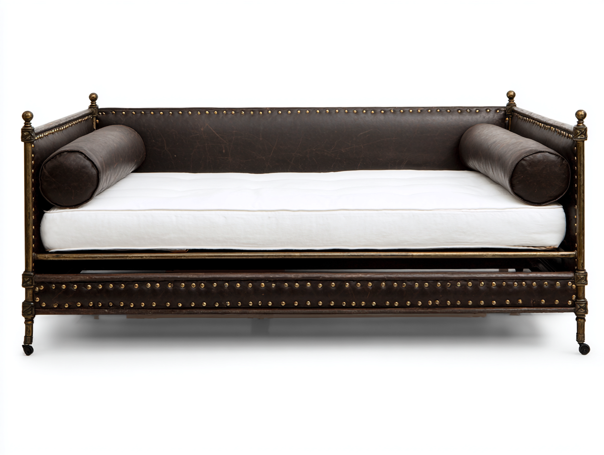 Sofá cama diván 208×92×96 cm - efecto cuero marrón oscuro y blanco - estructura metálica bronce con tachuelas para Dormitorio-Gavoiohaus
