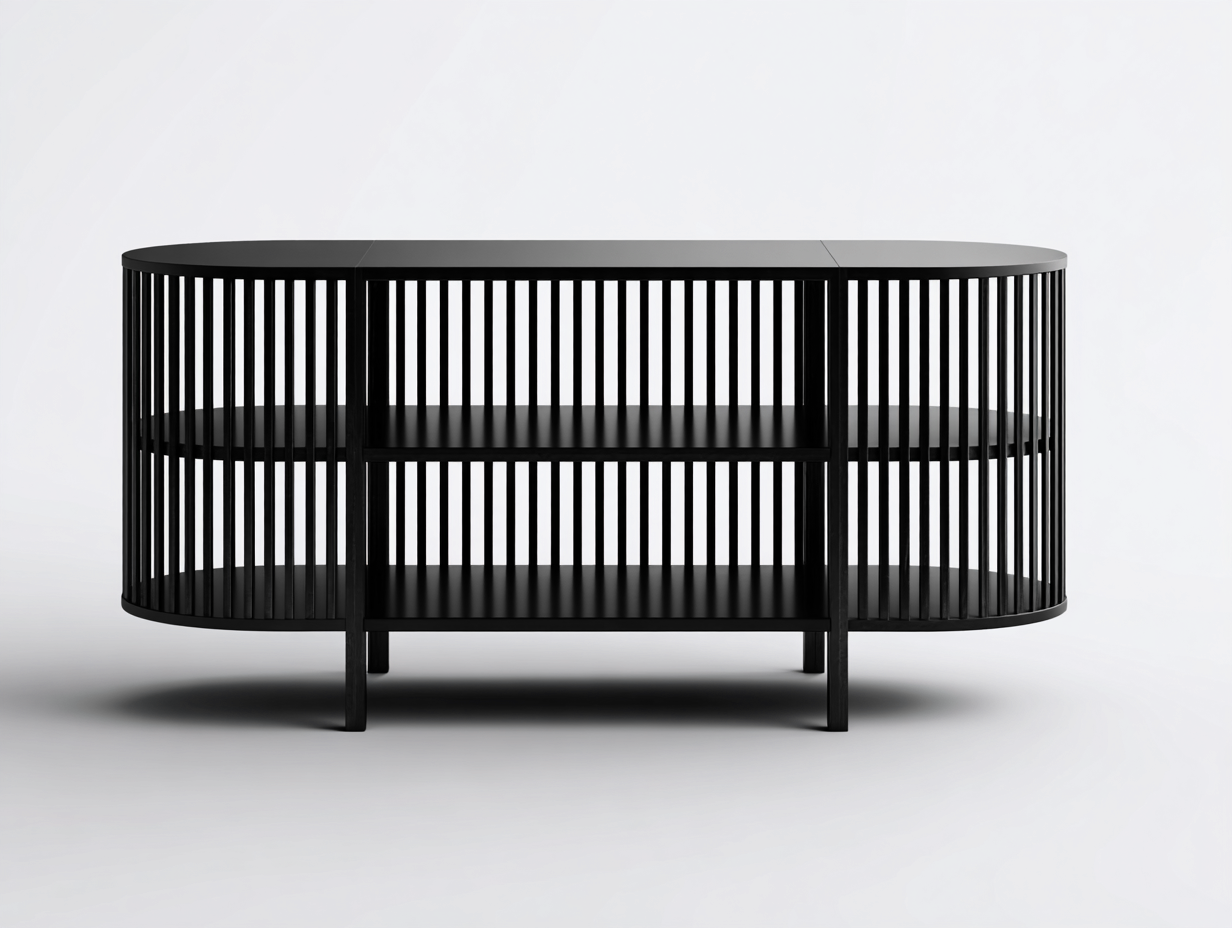 Estante bajo de metal 142×42×78 cm - negro - diseño ovalado con compartimentos abiertos para comedor-Gavoiohaus