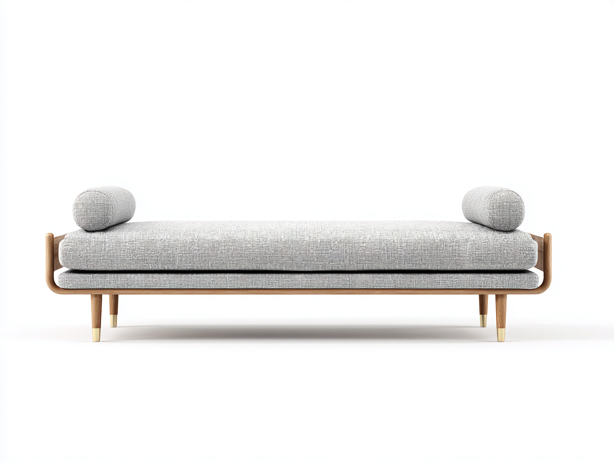 Sofá cama tipo diván 198×84×62 cm - tejido gris perla y madera natural - perfil bajo con remates dorados para Dormitorio-Gavoiohaus