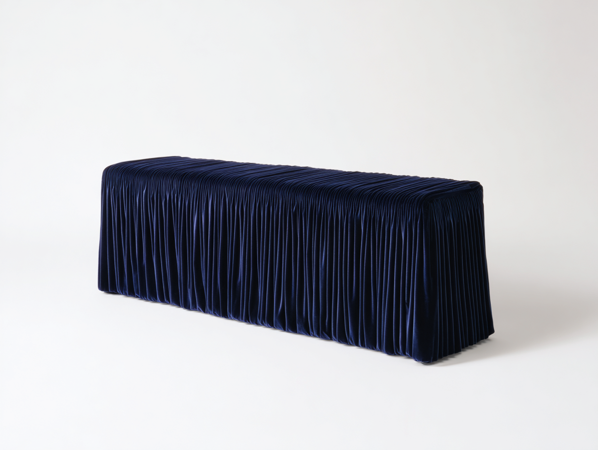 Banco tapizado de terciopelo 158×45×46 cm - azul noche - plisado integral con faldón continuo para Dormitorio-Gavoiohaus