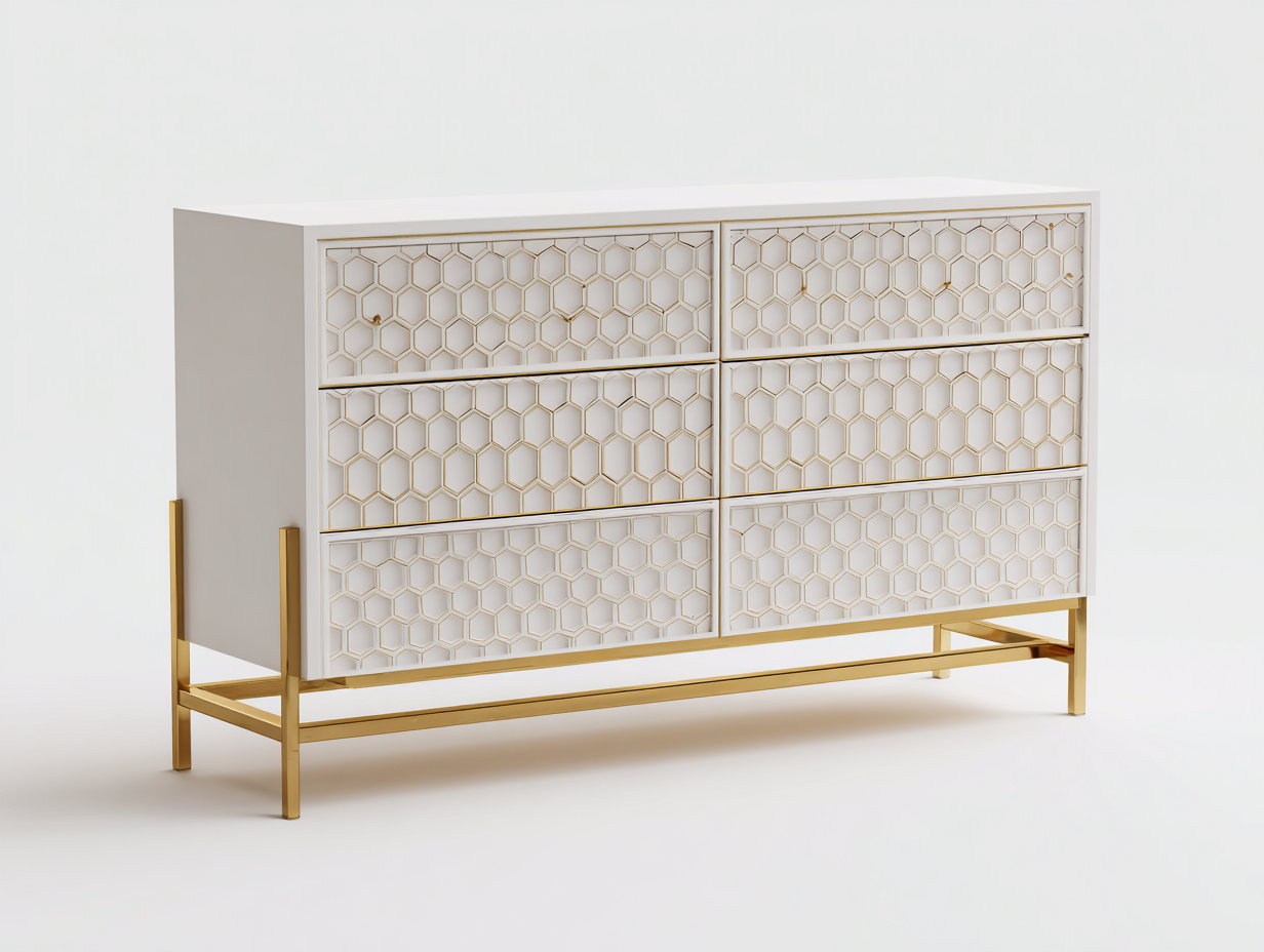 Taquilla de dormitorio tipo cómoda-madera y metal-122×45×86 cm-Blanco/Oro-frente hexagonal con base elevada para Dormitorio-Gavoiohaus