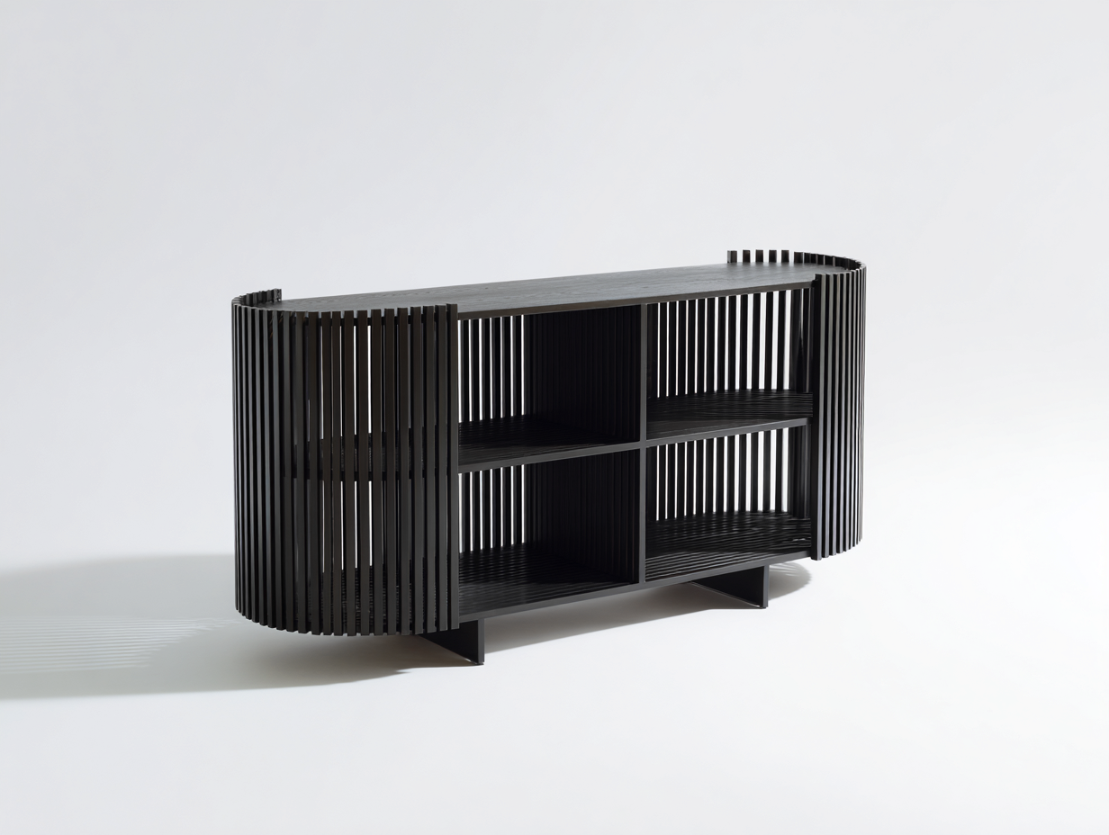 Estante de comedor 142×38×78 cm - madera y metal negro - compartimentos abiertos con laterales curvos-Gavoiohaus