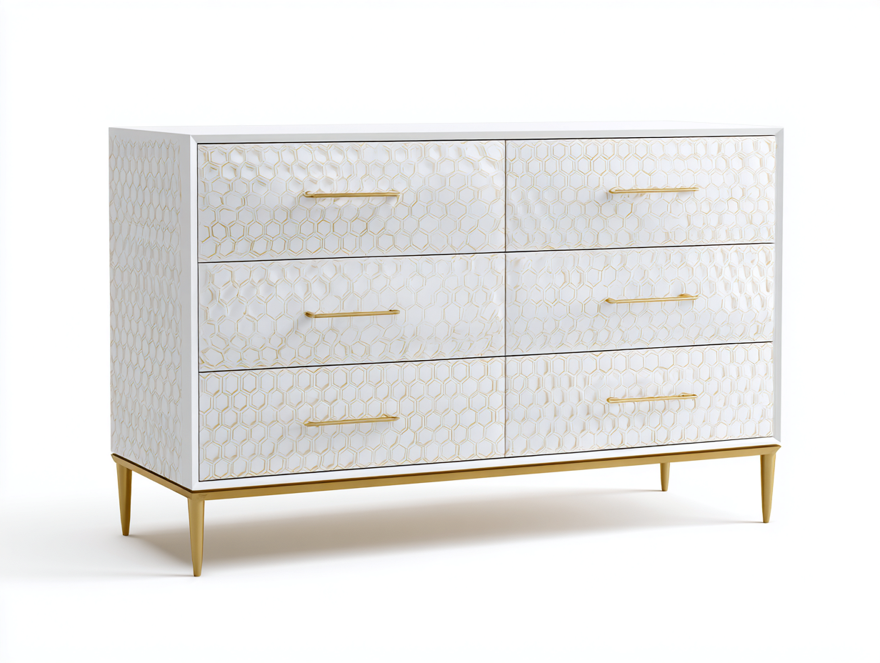 Taquilla de dormitorio tipo cómoda-madera y metal-124×46×84 cm-Blanco marfil/Oro-tiradores lineales y relieve geométrico para Dormitorio-Gavoiohaus