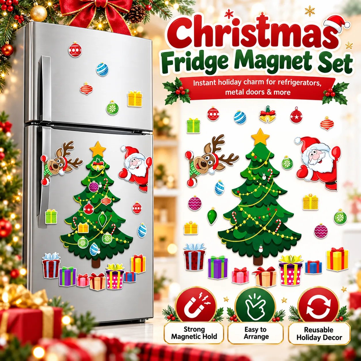 Christmas refrigerator magnet set arranged on a silver refrigerator