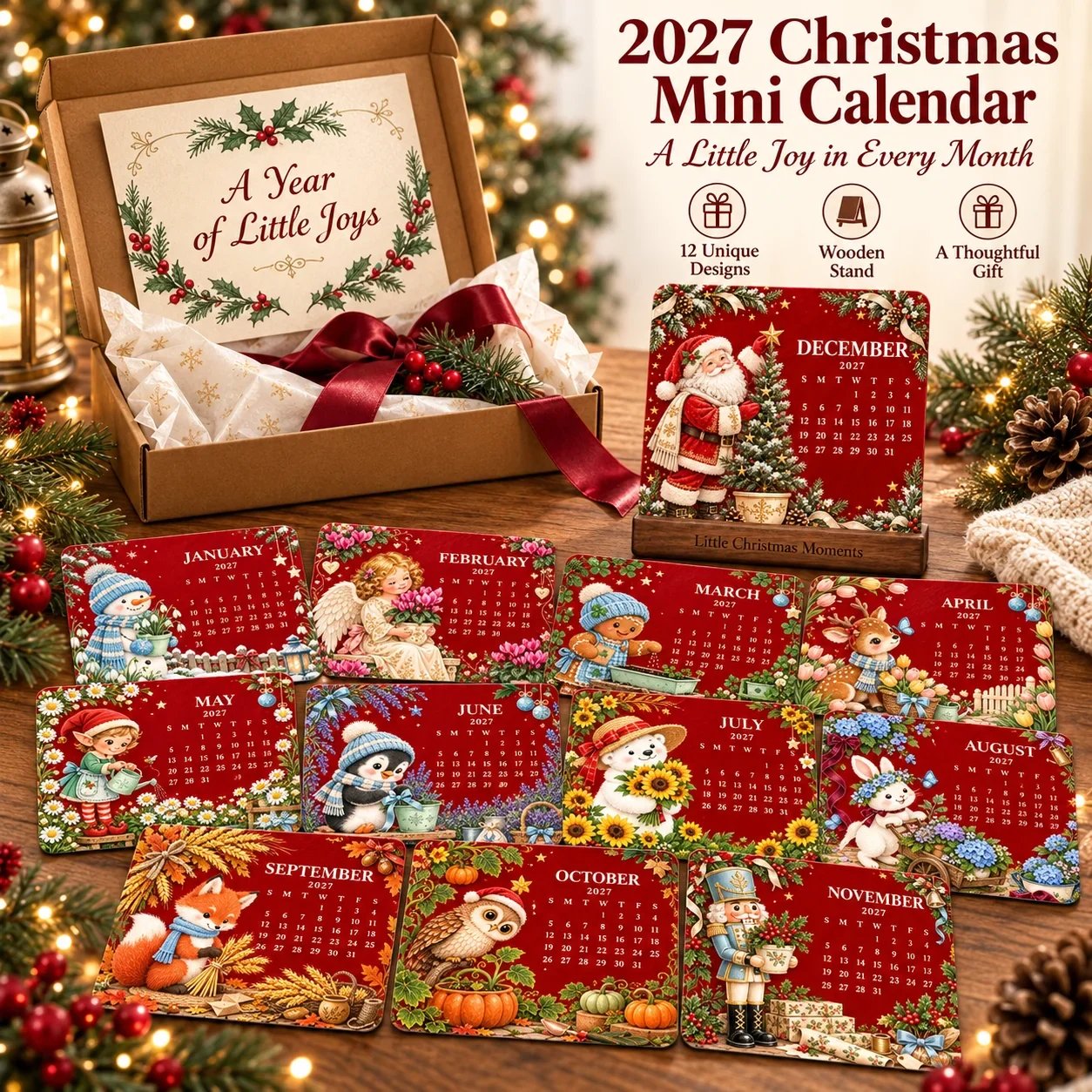 Engraved wooden stand holding the vintage watercolor calendar card