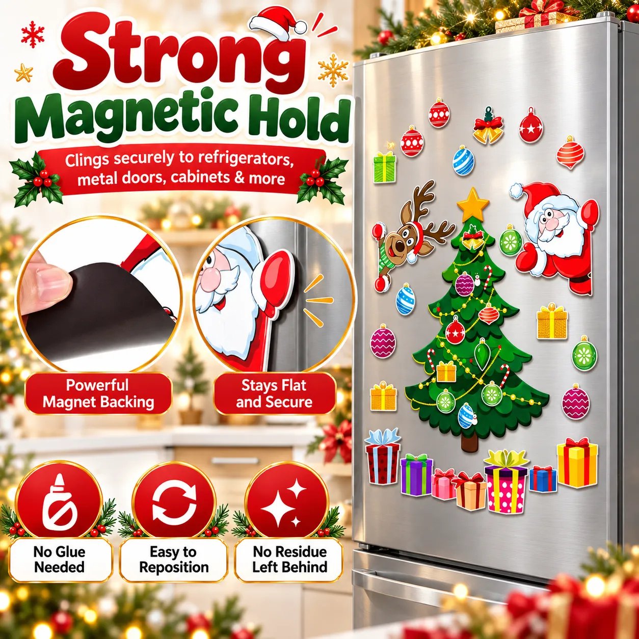 Close-up of the magnetic backing and Christmas magnets attached to a refrigerator