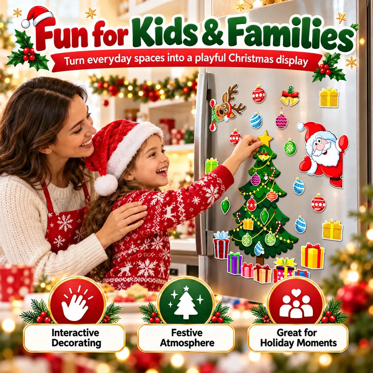 Parent and child enjoying Christmas refrigerator magnet decorating together