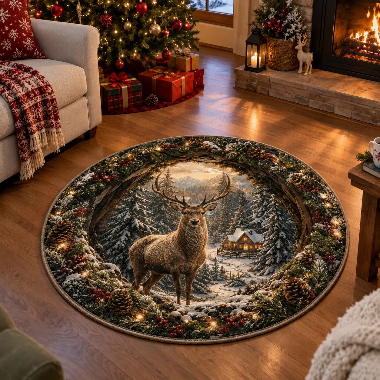 Winter Reindeer Forest Christmas Rug