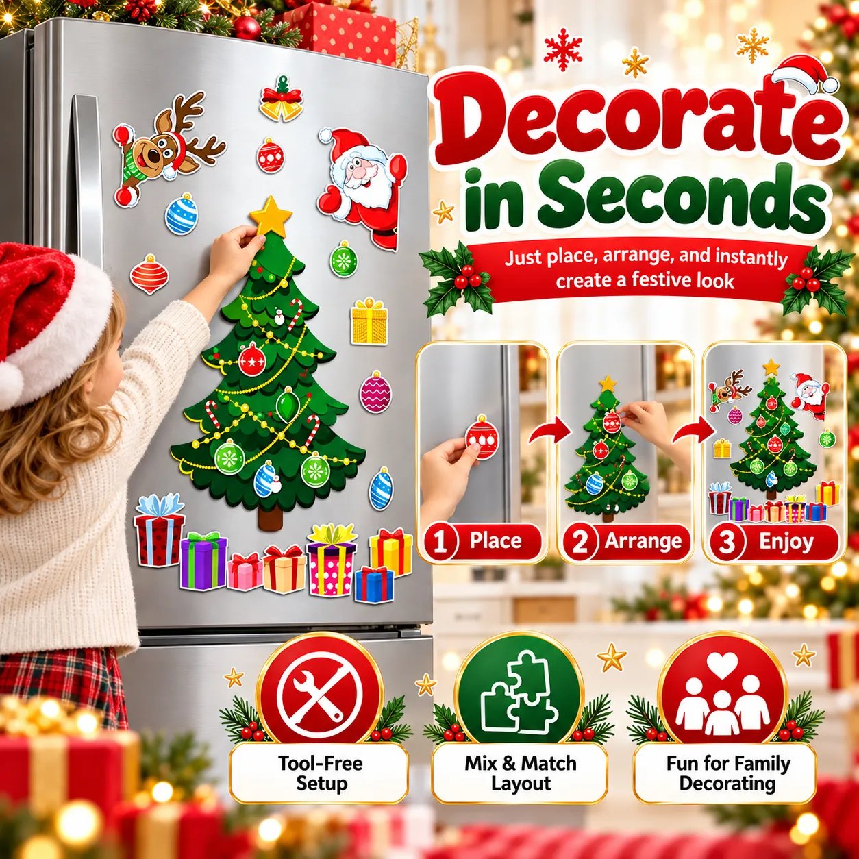 Easy three-step Christmas fridge magnet decorating process