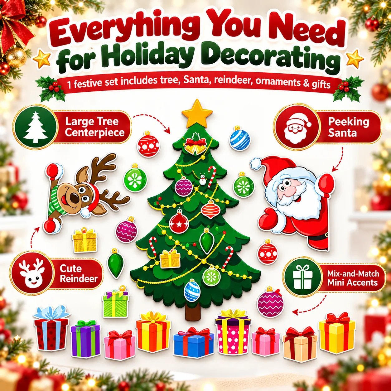 Complete Christmas magnet set showing tree Santa reindeer ornaments and gifts