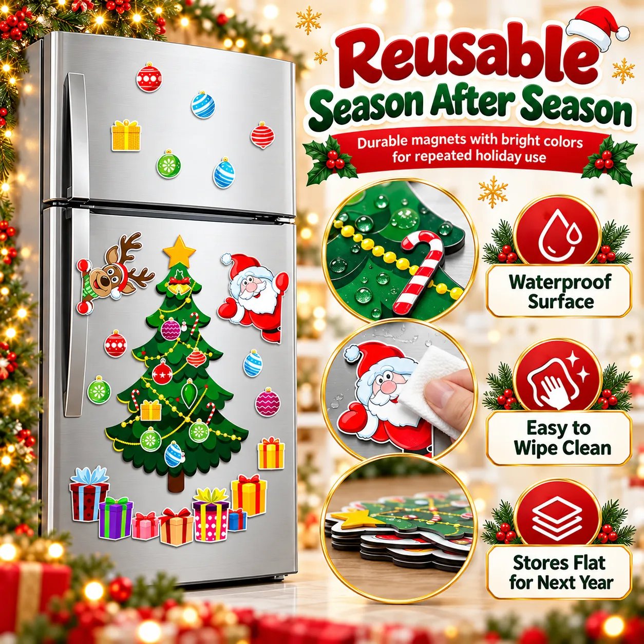 Reusable Christmas magnets with easy cleaning and flat storage
