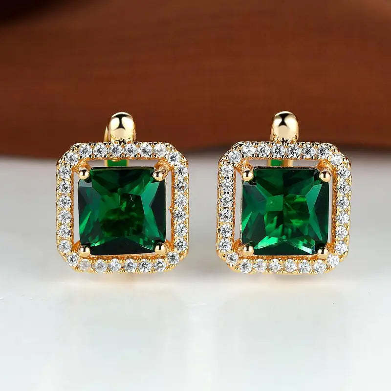 Golden Green Square Zirconia Náušnice | Zlatý