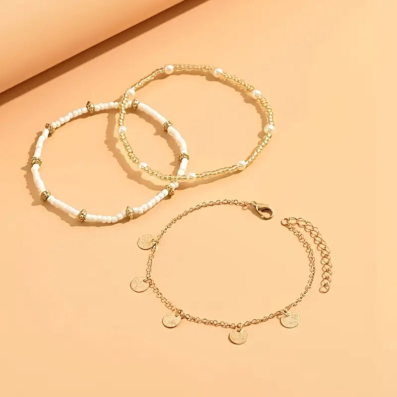 Coastal Charm 3-Piece Layered Anklet Sada | Zlatý