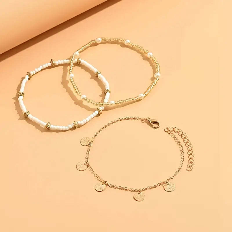 Coastal Charm 3-Piece Layered Anklet Sada | Zlatý