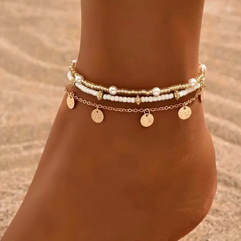 Coastal Charm 3-Piece Layered Anklet Sada | Zlatý