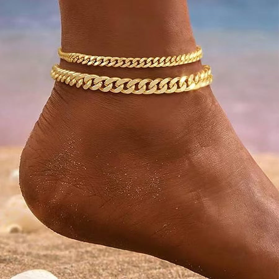 Layered Cuban Článek Anklet | Zlatý