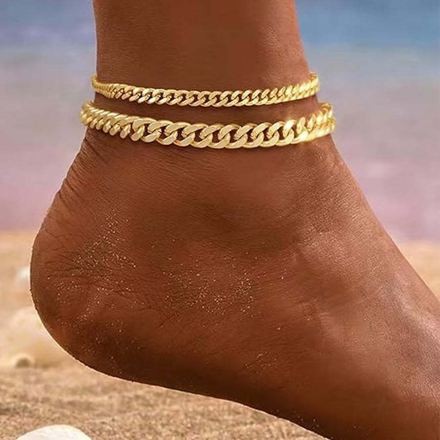 Layered Cuban Článek Anklet | Zlatý