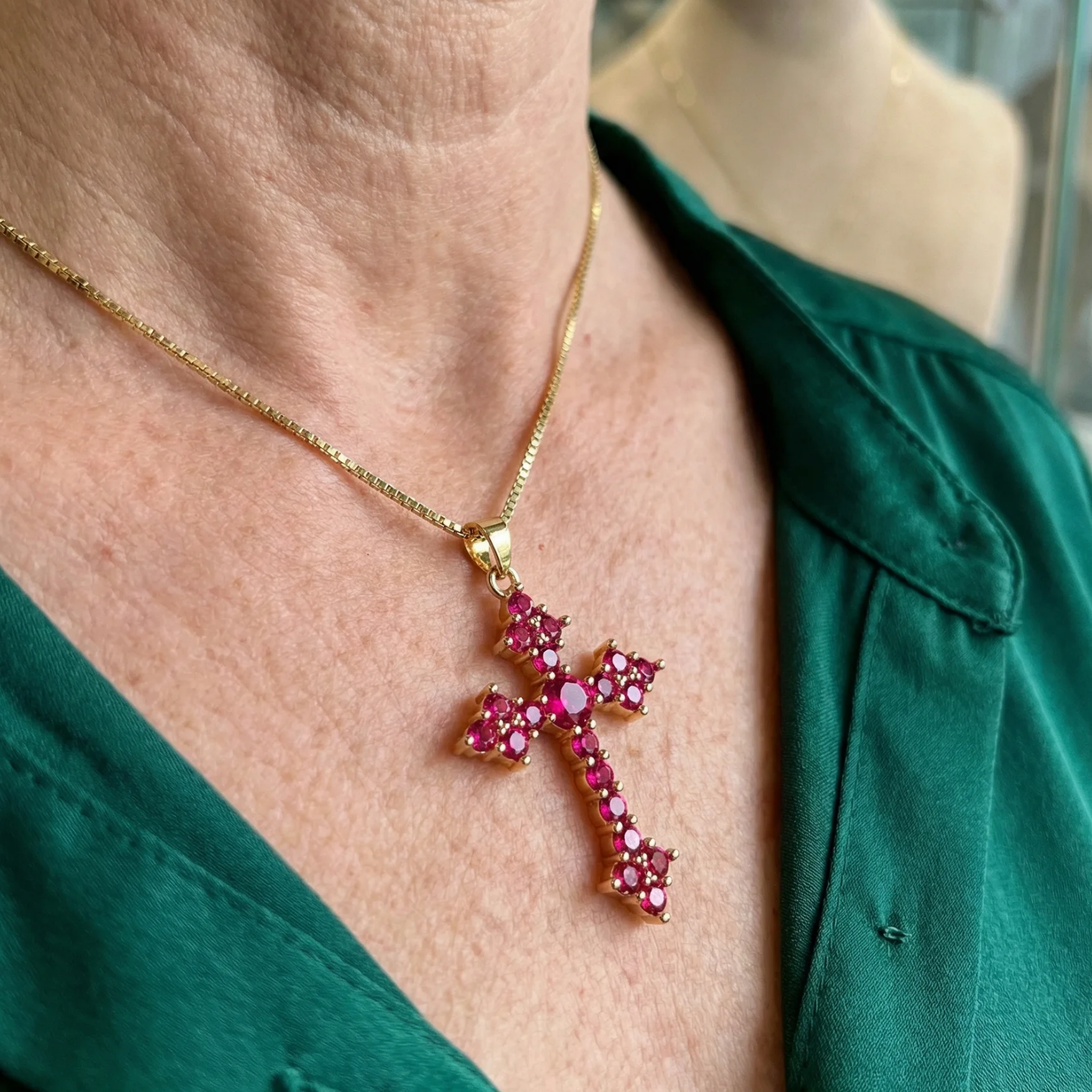 Pink Cluster Kříž Náhrdelník | Zlatý