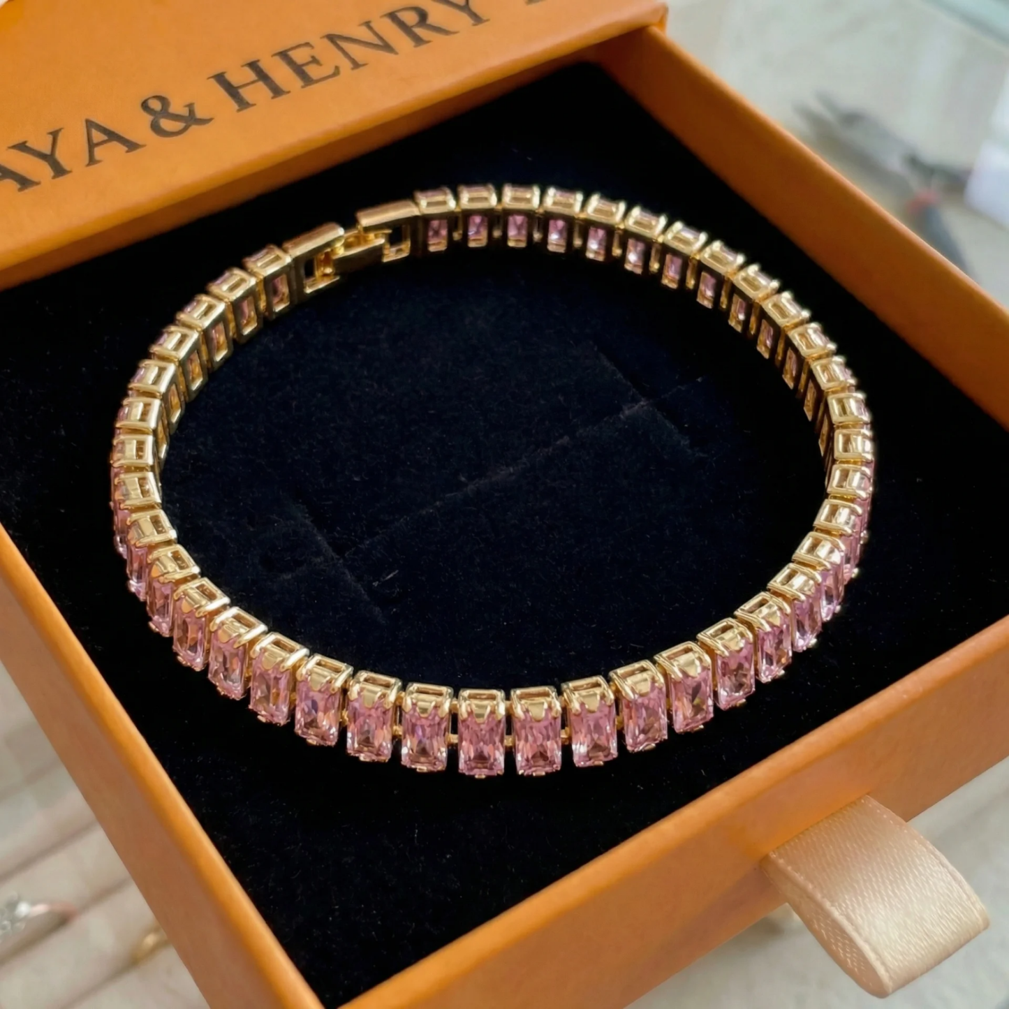 Pink Safír Vertéa Tennis Náramek | Zlatý