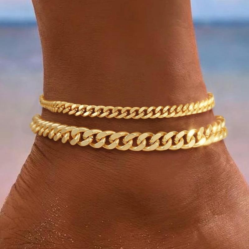 Layered Cuban Článek Anklet | Zlatý