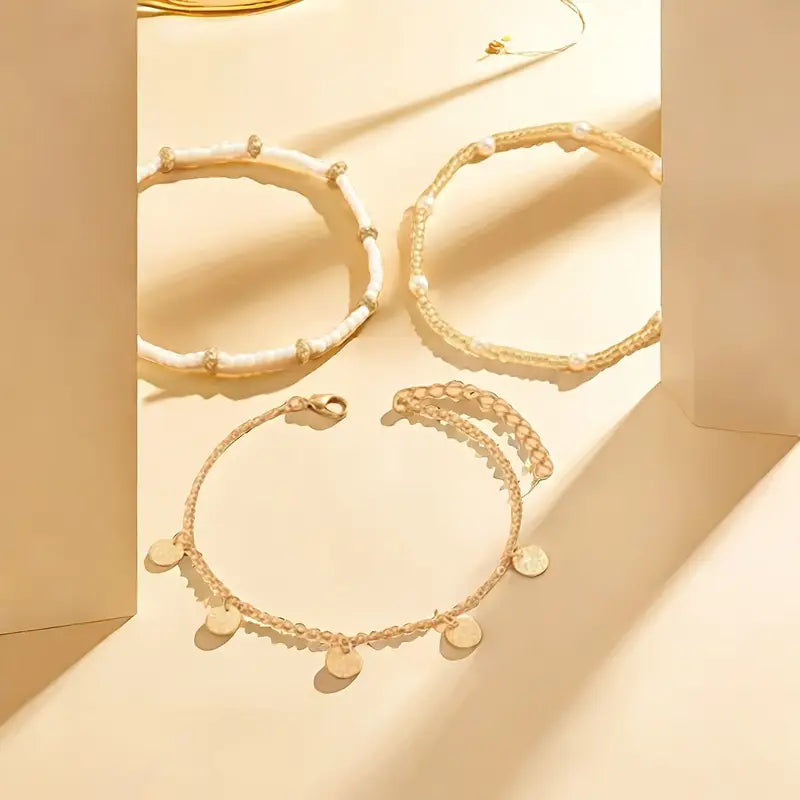 Coastal Charm 3-Piece Layered Anklet Sada | Zlatý