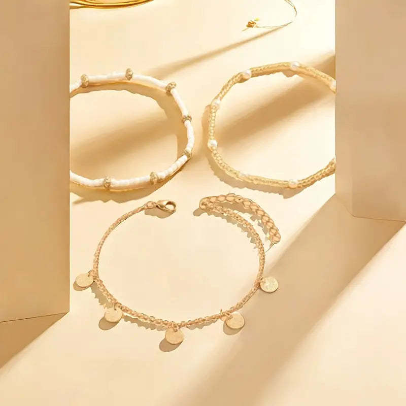 Coastal Charm 3-Piece Layered Anklet Sada | Zlatý